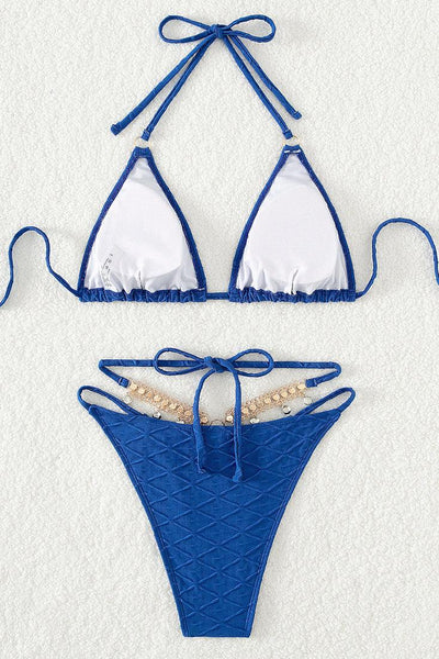 Blue Rhinestone Star Fish Strappy Triangle Cheeky 2Pc Sexy Swimsuit Set Bikini