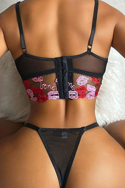 Black Red Lips Love Embroider Mesh Bra Thong 2Pc Sexy Lingerie - AMIClubwear