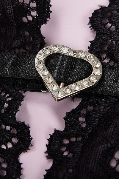 Black Lace Rhinestone Hearts Strappy Garter Top Underwear 2Pc Lingerie Set
