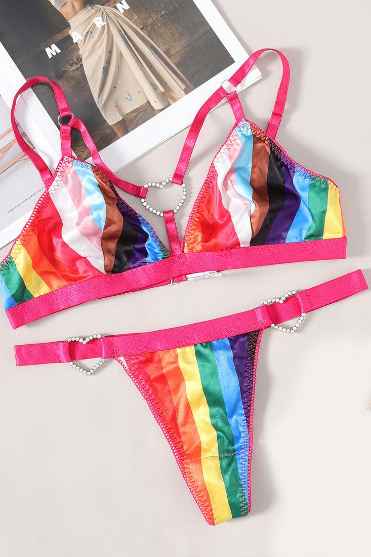 Pink Rainbow Satin Strappy Bling Heart Thong 2Pc Lingerie Set - AMIClubwear