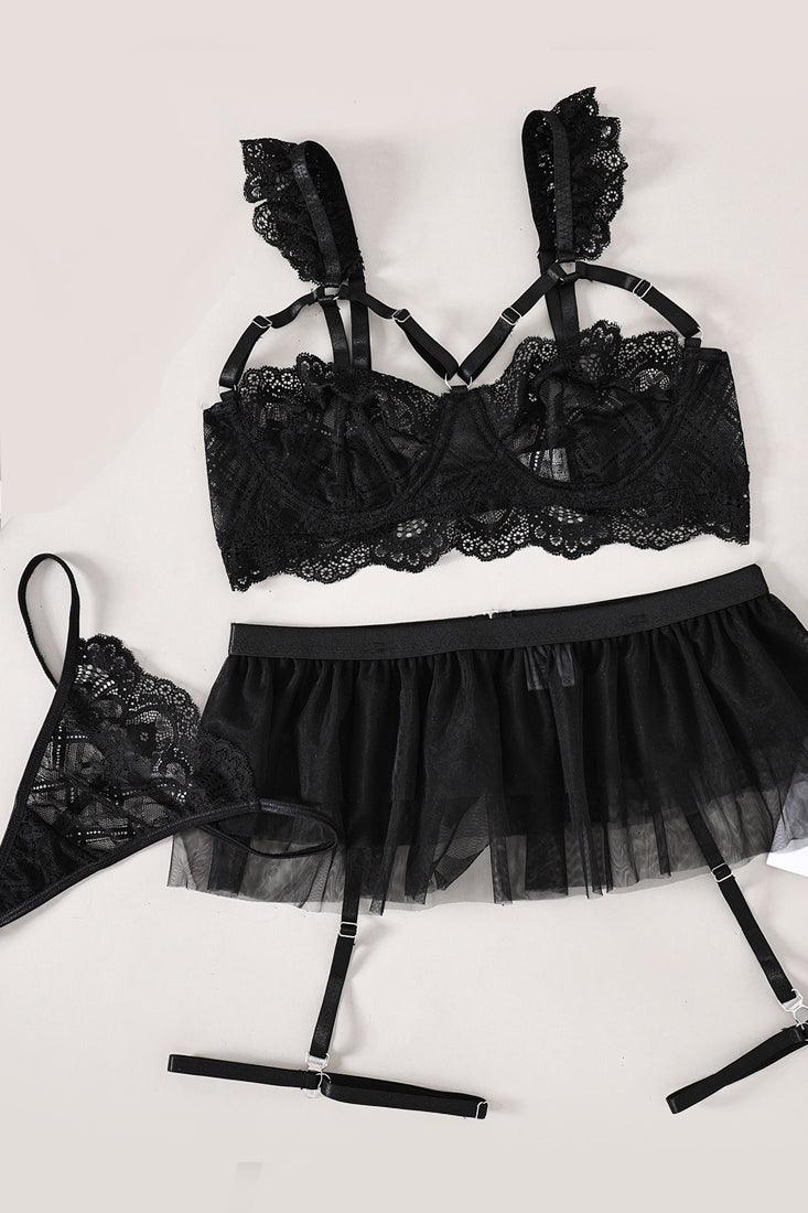 Black Lace Ruffle Strappy Tulle Garter Belt Thong 5Pc Sexy Lingerie Set - AMIClubwear