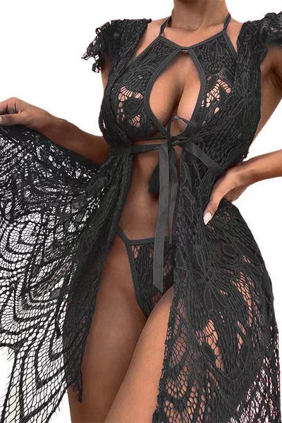 Black Lace Strappy Halter Cut Out 3 Pc Lingerie Set SF003 - AMIClubwear