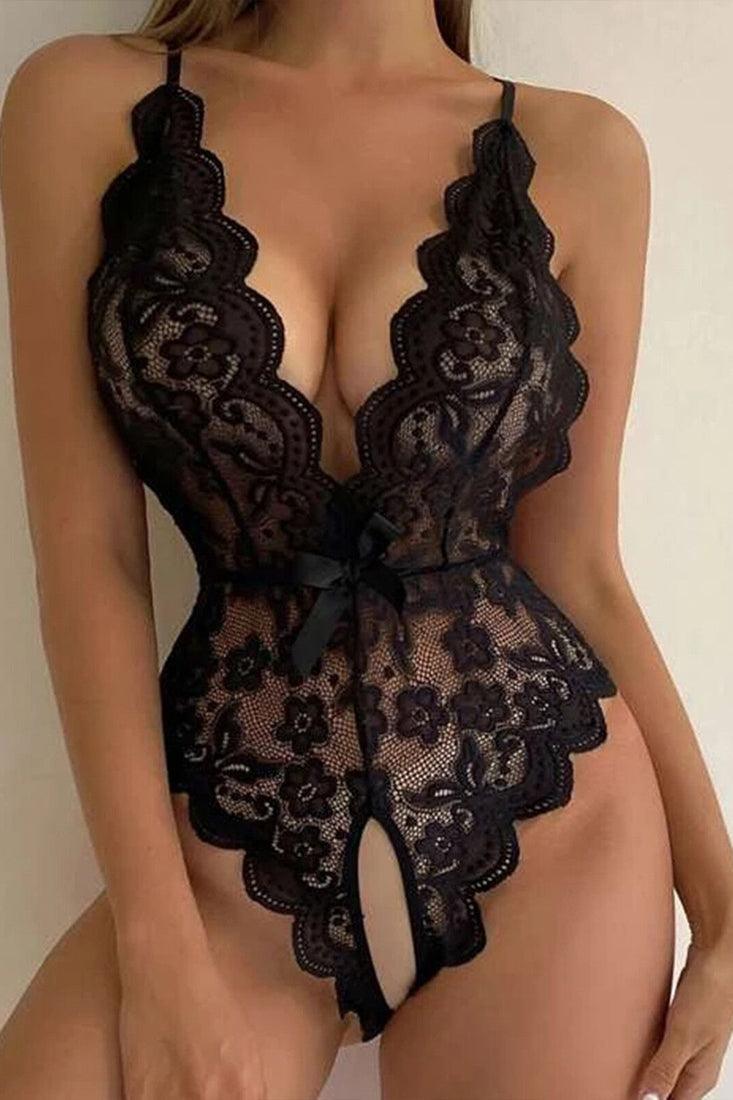 Black Lace Deep V Crotchless Thong Sexy Lingerie Bodysuit - AMIClubwear