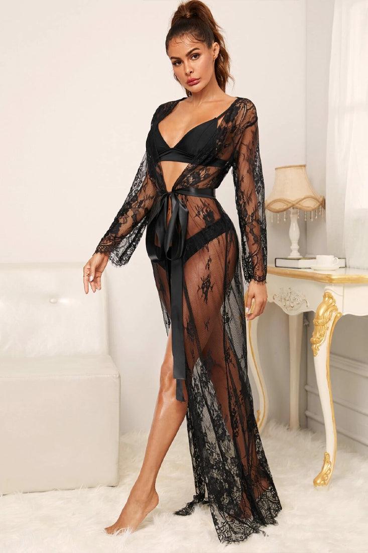 Black Lace Floor Length Long Sleeves Sexy Lingerie Belted Robe