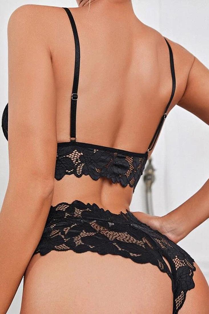Black Lace Top Crotchless Shorts 2Pc Sexy Lingerie Set - AMIClubwear