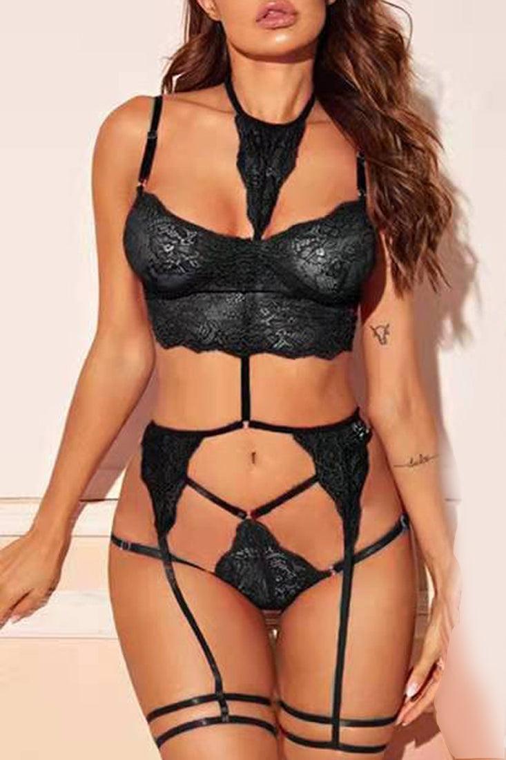 Black Lace Choker Garter Belt Bra Thong 3Pc Sexy Lingerie Set
