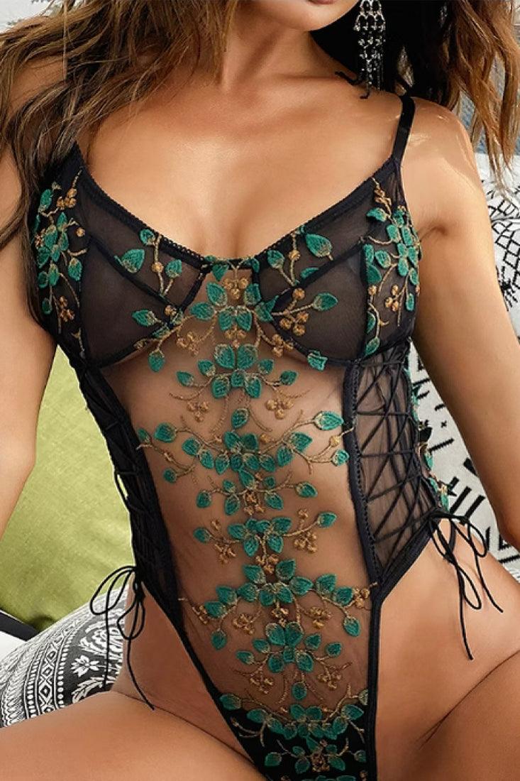 Black Green Flower Embroidered Sheer Mesh Lace-Up 1Pc Thong Lingerie
