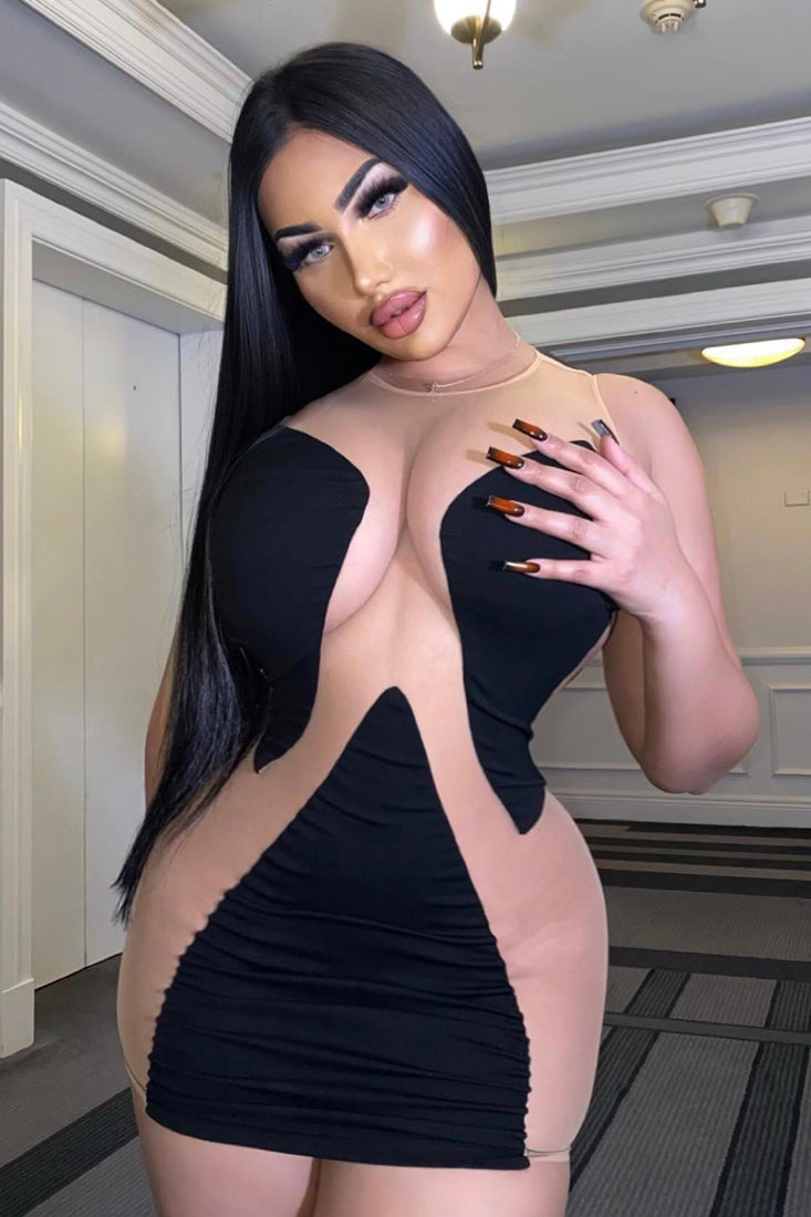 Black Nude Mesh Mini Design Detail Sexy Party Dress – AMIClubwear