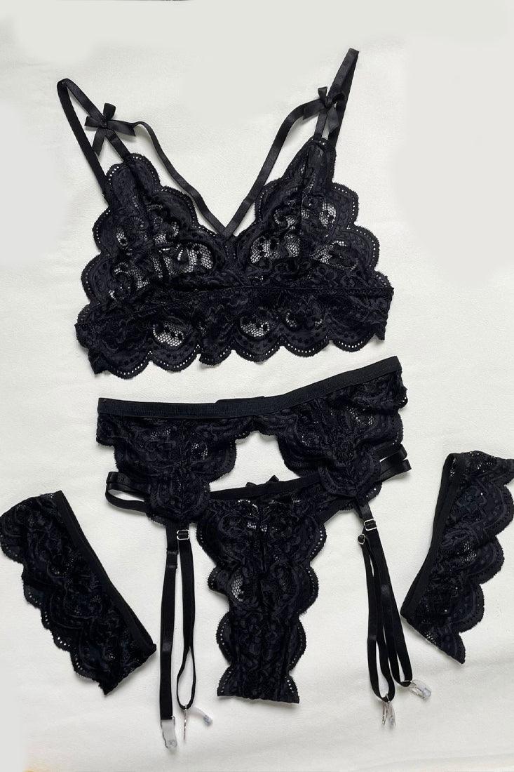 Black Lace Crochet Bra Thong Garter Belt 5Pc Sexy Lingerie Set T1593 - AMIClubwear