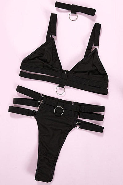 Black Bandage Strappy Choker Bra Thong 3Pc Lingerie Set - AMIClubwear