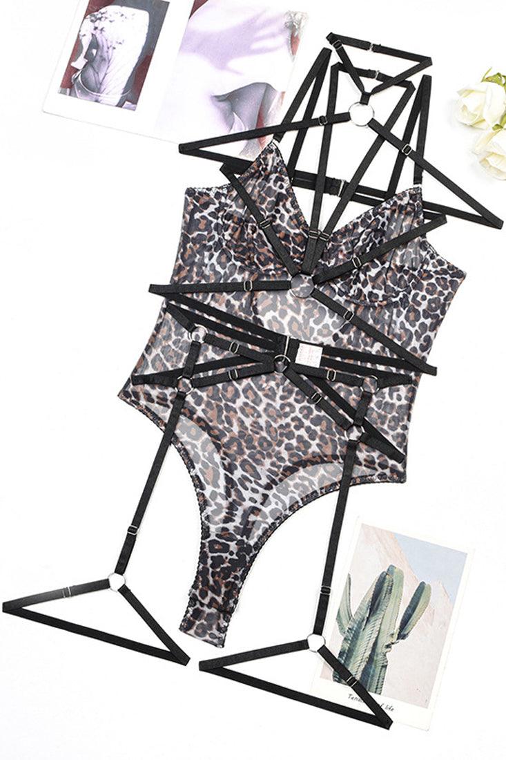 Leopard Print Mesh Black Strappy Cage Thong Garter Sexy Lingerie Set