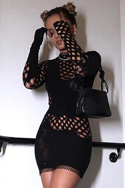 Black Long Sleeves Netted Lace Stretchy Fitted Sexy Mini Dress - AMIClubwear