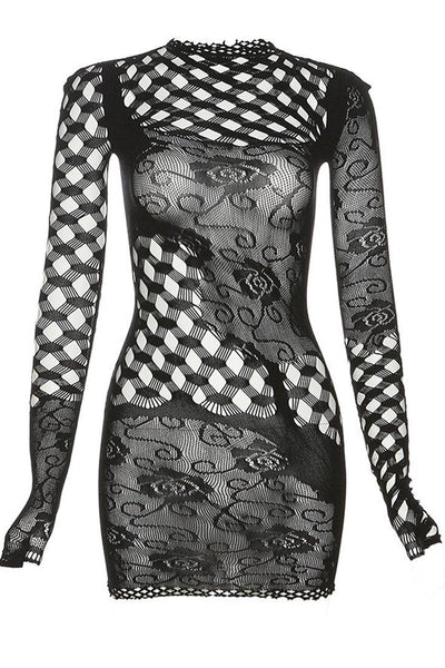 Black Long Sleeves Netted Lace Stretchy Fitted Sexy Mini Dress - AMIClubwear