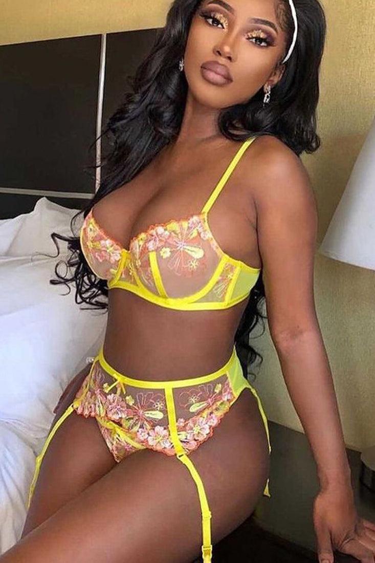 Yellow Flower Embroider Lace Garter Belt Thong 3Pc Lingerie Set AMIClubwear Yellow Flower Embroider Lace Garter Belt Thong 3Pc Lingerie Set AMIClubwear