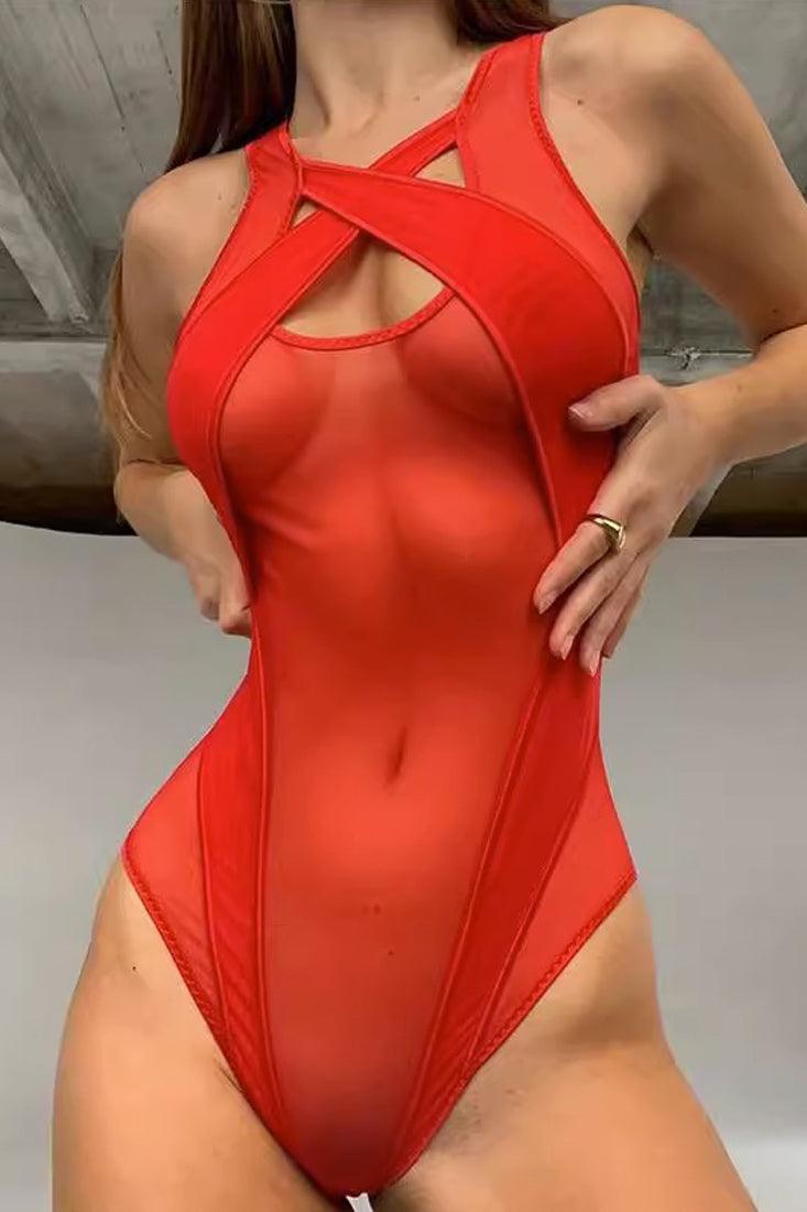 Red Mesh Sheer Color Block Sexy Bodysuit Lingerie