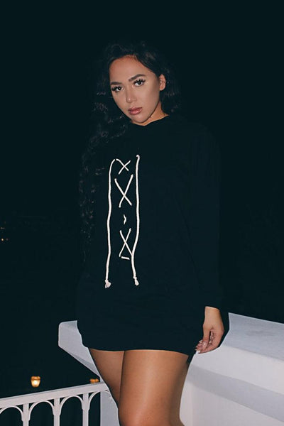 Black Hooded Lace Up Sweater Sexy Dress Hoodie