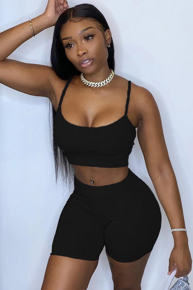 Black Sleeveless Crop Top Biker Shorts 2Pc Sexy Fitted Outfit - AMIClubwear
