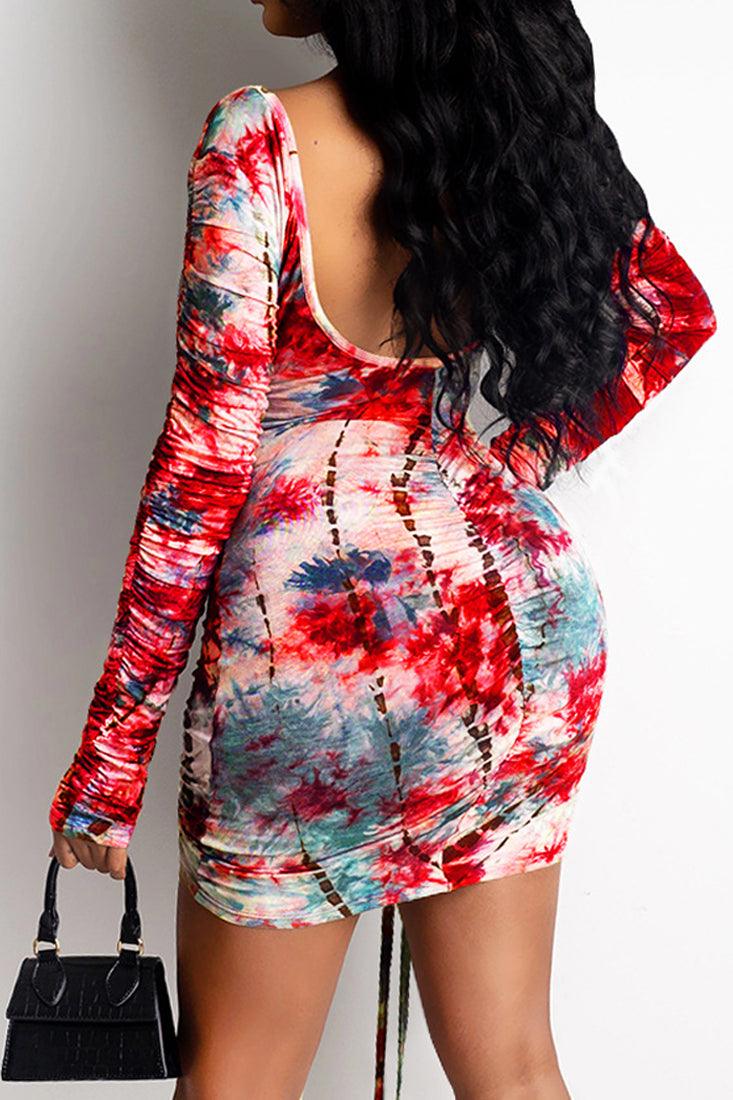 Red Printed Rushed Draw String Fitted Long Sleeves Sexy Dress