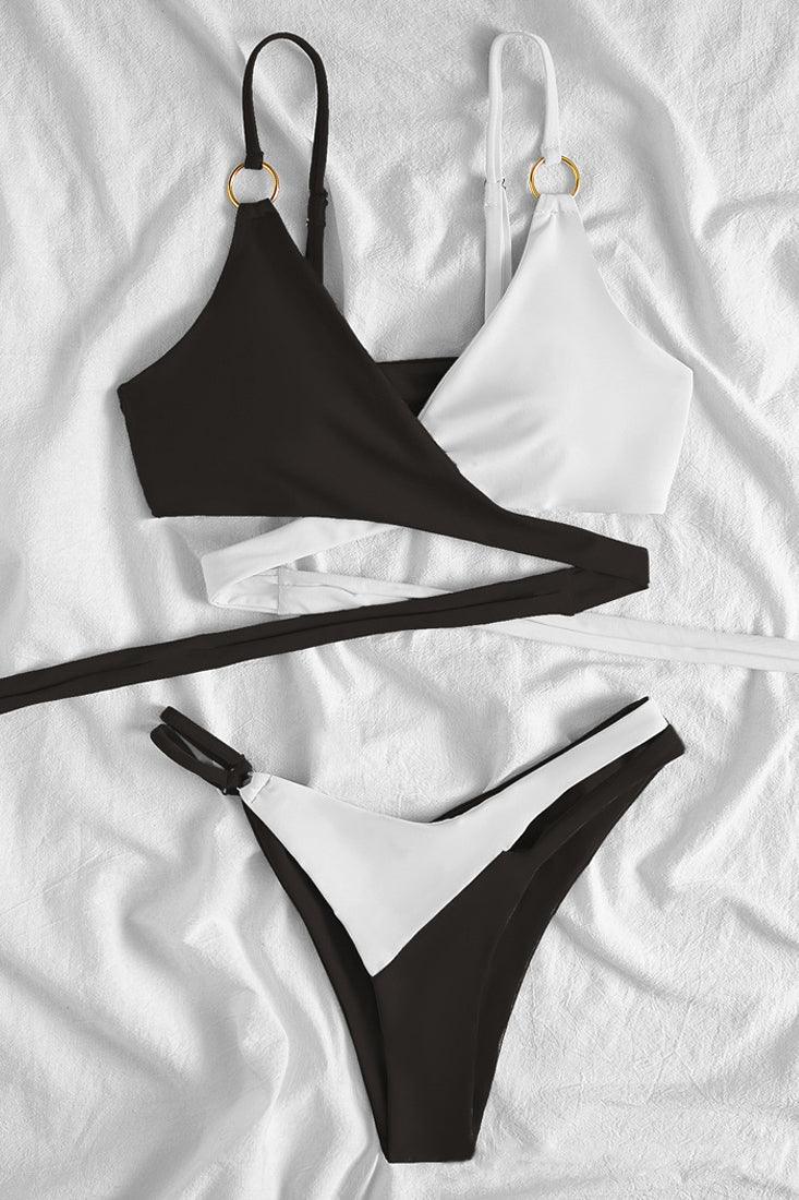 Black White Cross Strappy Cheeky 2Pc Sexy Swimsuit Set Bikini - AMIClubwear
