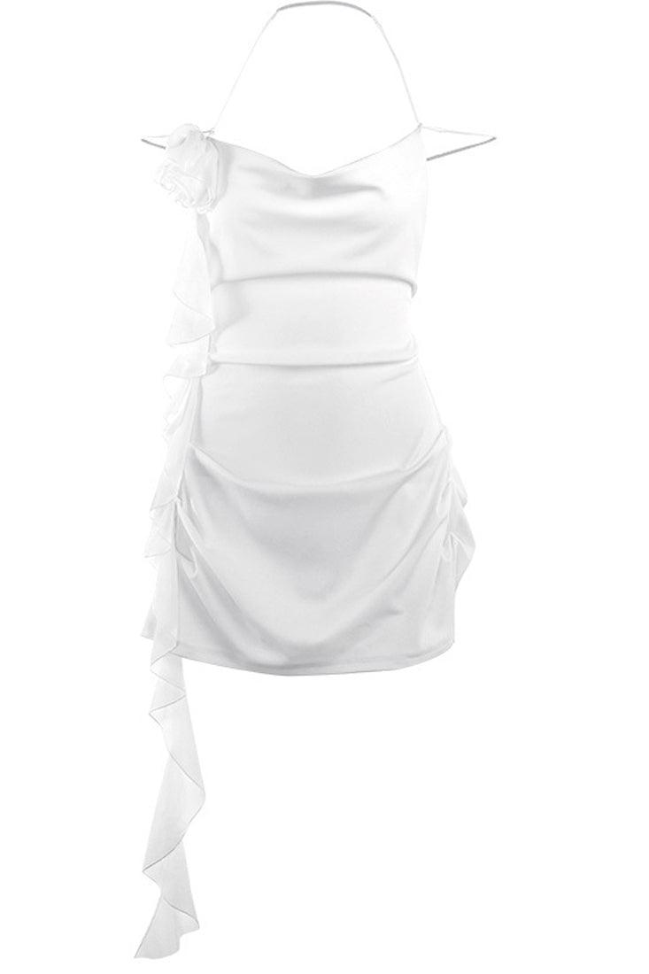 White Thin Strap Halter Rose Ruffle Sexy Drape Dress - AMIClubwear