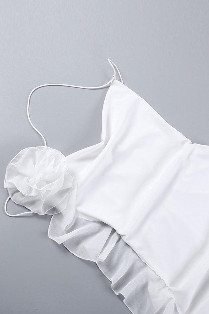 White Thin Strap Halter Rose Ruffle Sexy Drape Dress - AMIClubwear