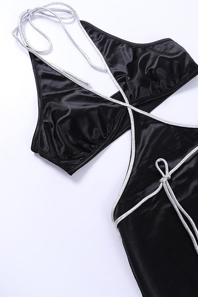 Black Satin Rhinestone Rope Chain Long Wrap Around Cut Out Sexy Dress - AMIClubwear