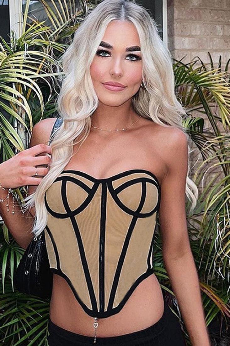 Nude Black Trim Boned Corset Stretchy Back Sexy Strapless Top - AMIClubwear