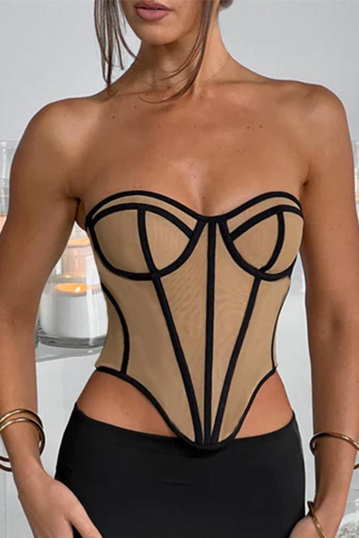 Nude Black Trim Boned Corset Stretchy Back Sexy Strapless Top