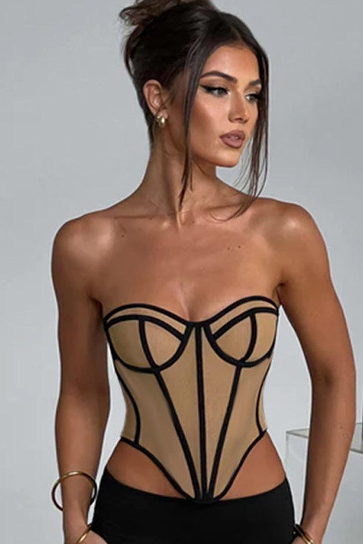 Nude Black Trim Boned Corset Stretchy Back Sexy Strapless Top