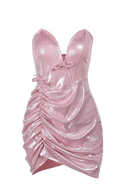 Pink Sparkly V Wired Strapless Ruched Bow Celebrity Sexy Party Dress YL23348MH - AMIClubwear