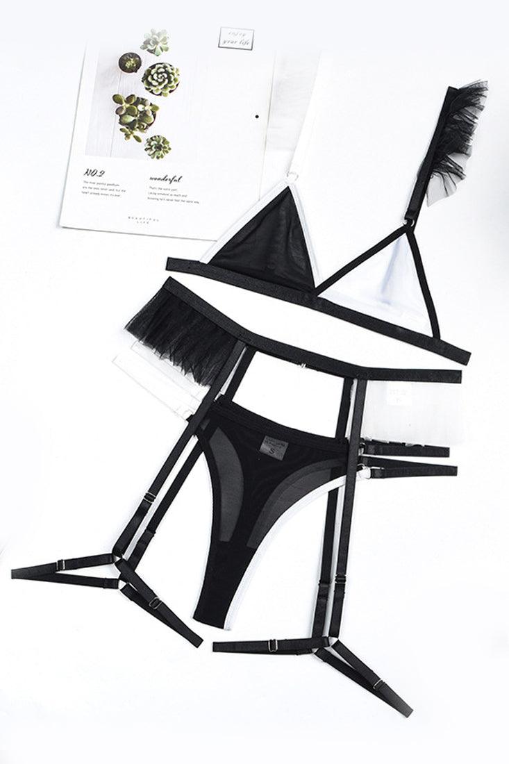 Black White Mesh Ruffle Tulle Strappy Bra Thong Garter Belt Sexy Lingerie Set - AMIClubwear