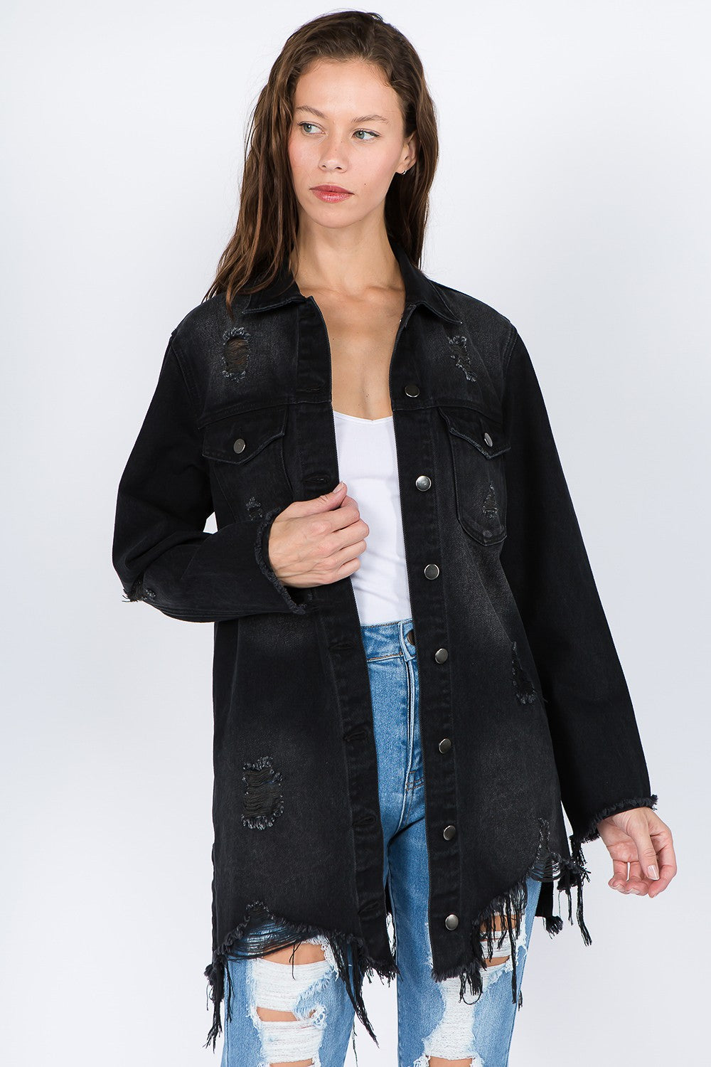American Bazi Distressed Button Up Long Sleeve Denim Jacket main image 0