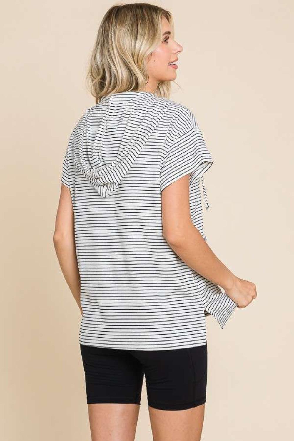 Culture Code Full Size Striped Short Sleeve Hooded Top - AMIClubwear