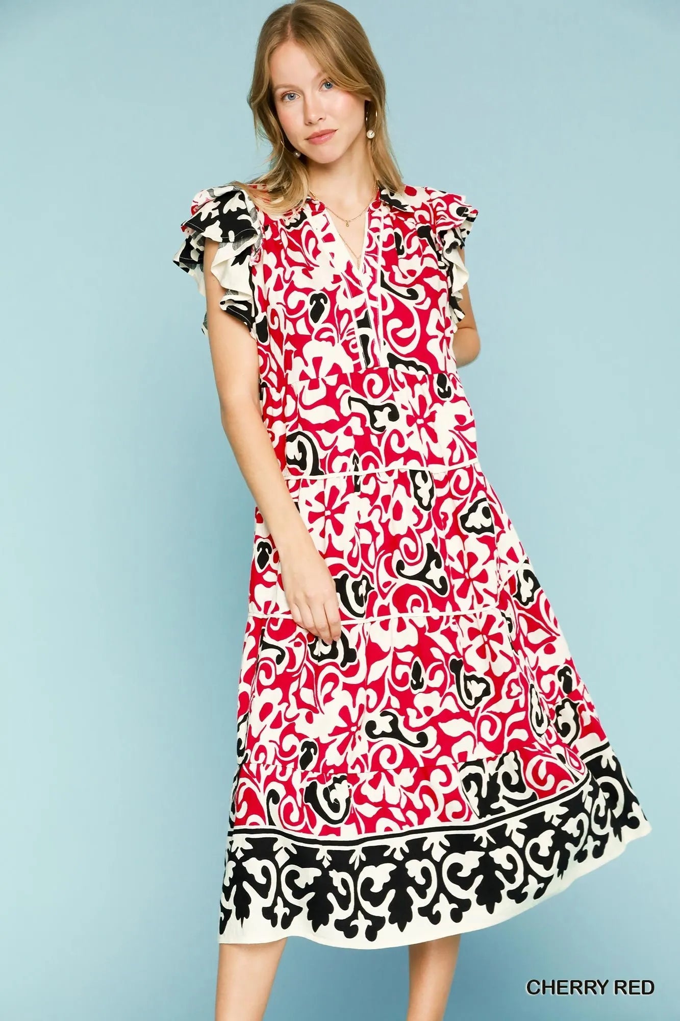 Umgee Full Size Abstract Print Flutter Sleeve Frill Tiered Midi Dress Plus Size main image 1