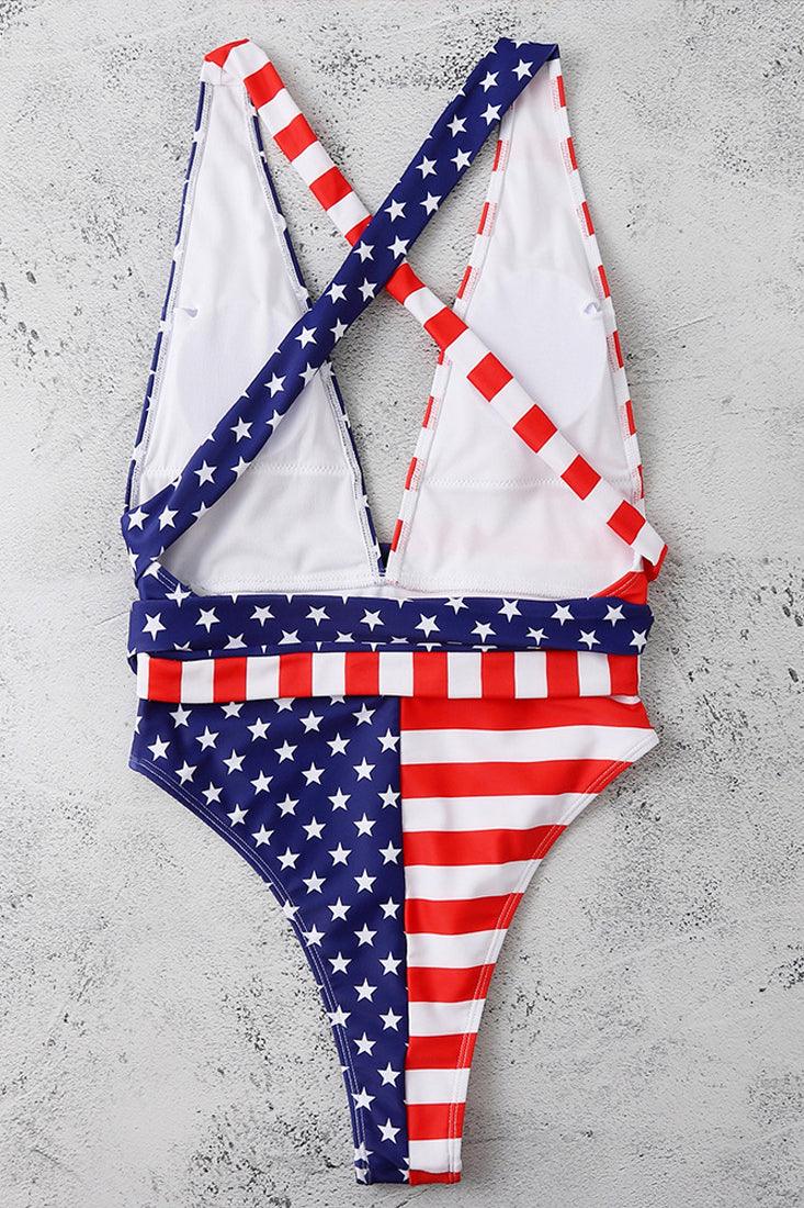 American Flag Plunging V Wrap Sexy Patriotic Cheeky 1Pc Swimsuit Monokini - AMIClubwear