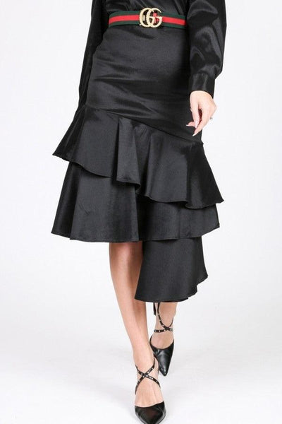 Asymmetrical Ruffle Bottom Satin Skirt - AMIClubwear