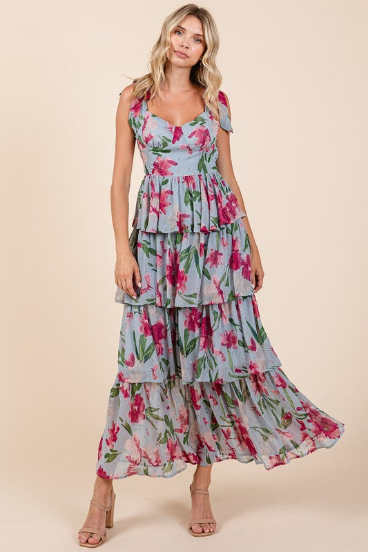 Mittoshop Cutout Back Floral Sweetheart Neck Puff Sleeve Dress