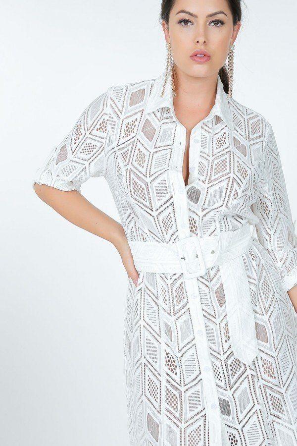 Belted Hi Low Placket Lace Shirt Dress - AMIClubwear