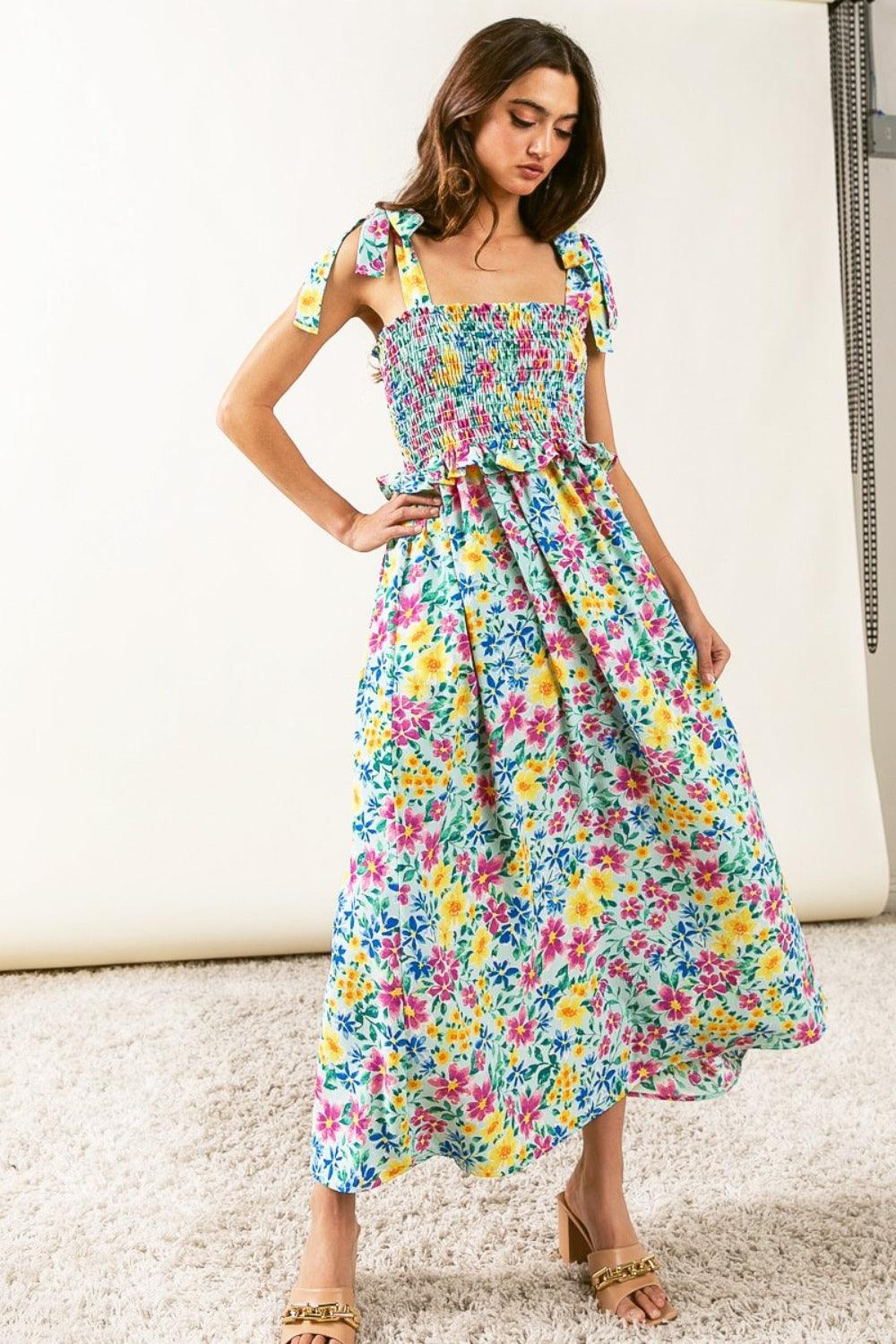 BiBi Floral Ruffle Trim Smocked Cami Dress - AMIClubwear