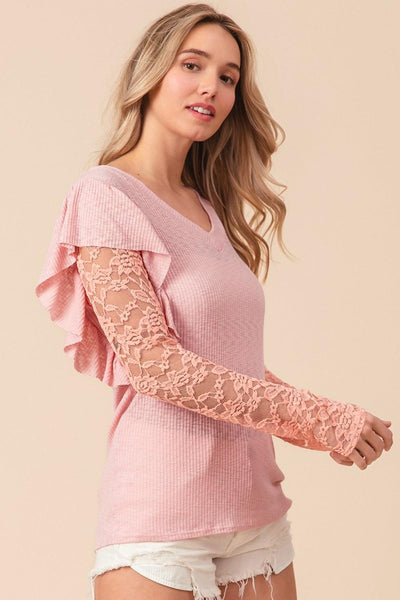 BiBi Ruffled Lace Sleeve Rib Knit Top - AMIClubwear
