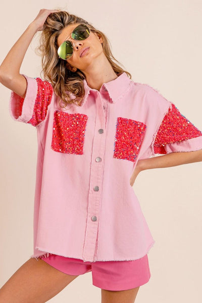 BiBi Sequin Detail Raw Hem Short Sleeve Shirt - AMIClubwear