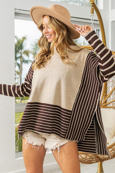 BiBi Striped Contrast Long Sleeve Slit Top - AMIClubwear