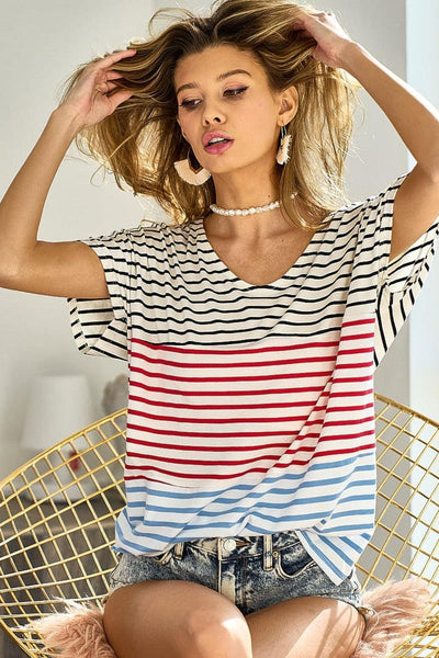 BiBi Striped Round Neck Short Sleeve T-Shirt - AMIClubwear