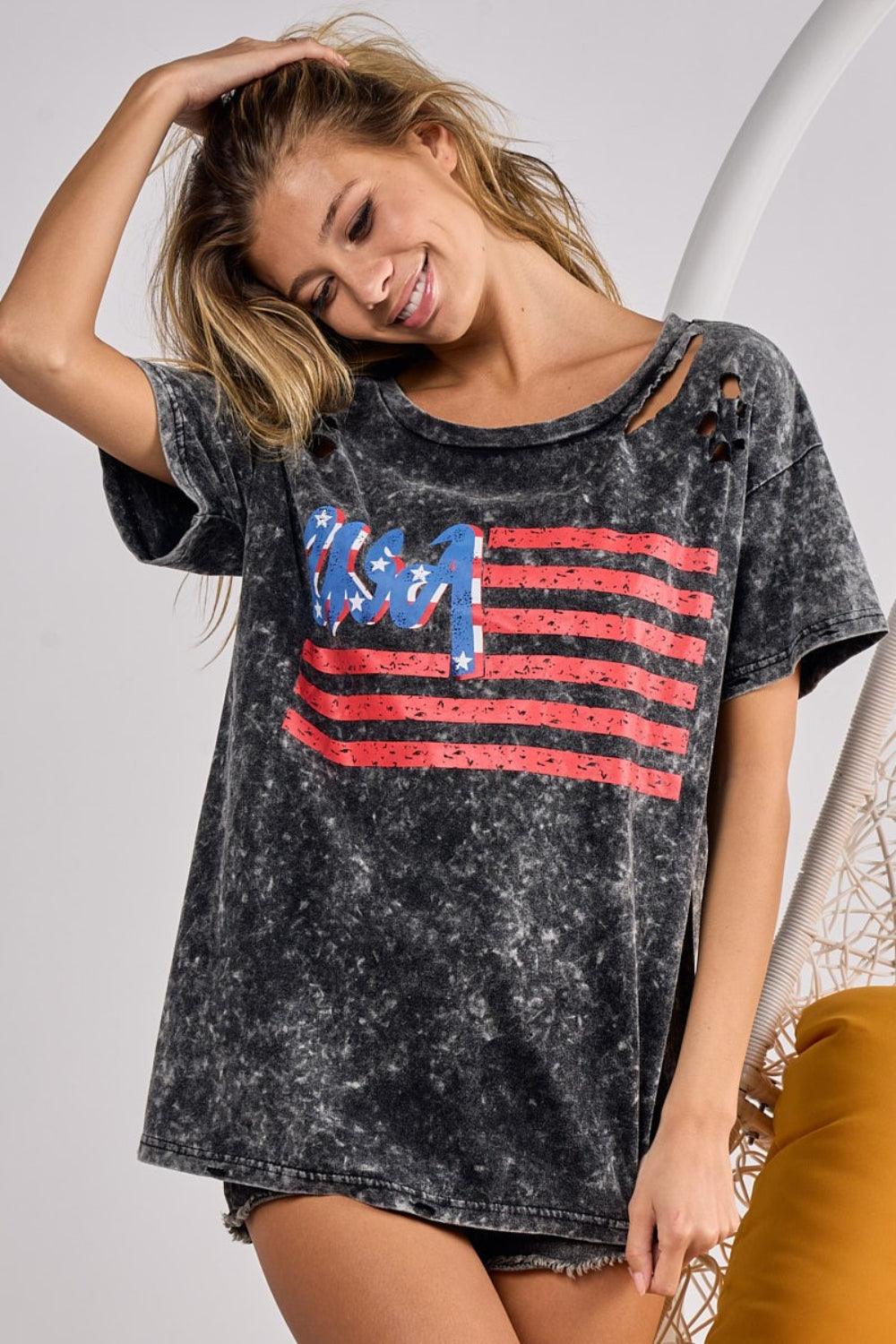 BiBi US Flag Washed Laser Cut T-Shirt - AMIClubwear