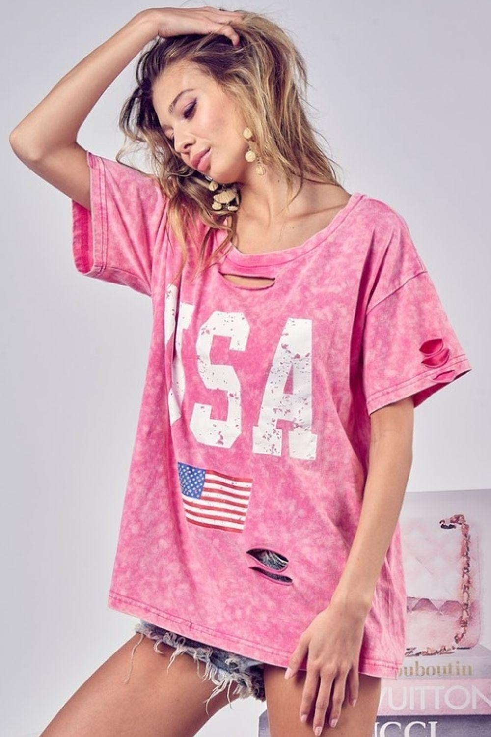 BiBi Washed American Flag Graphic Distressed T-Shirt - AMIClubwear