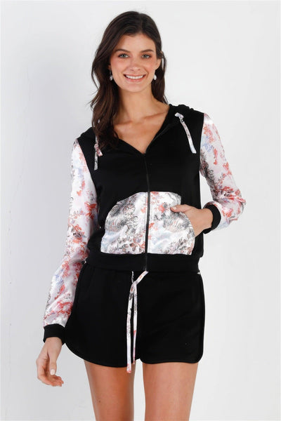 Black & Multi Color Print Colorblock Zip-up Hooded Top & Short Set - AMIClubwear