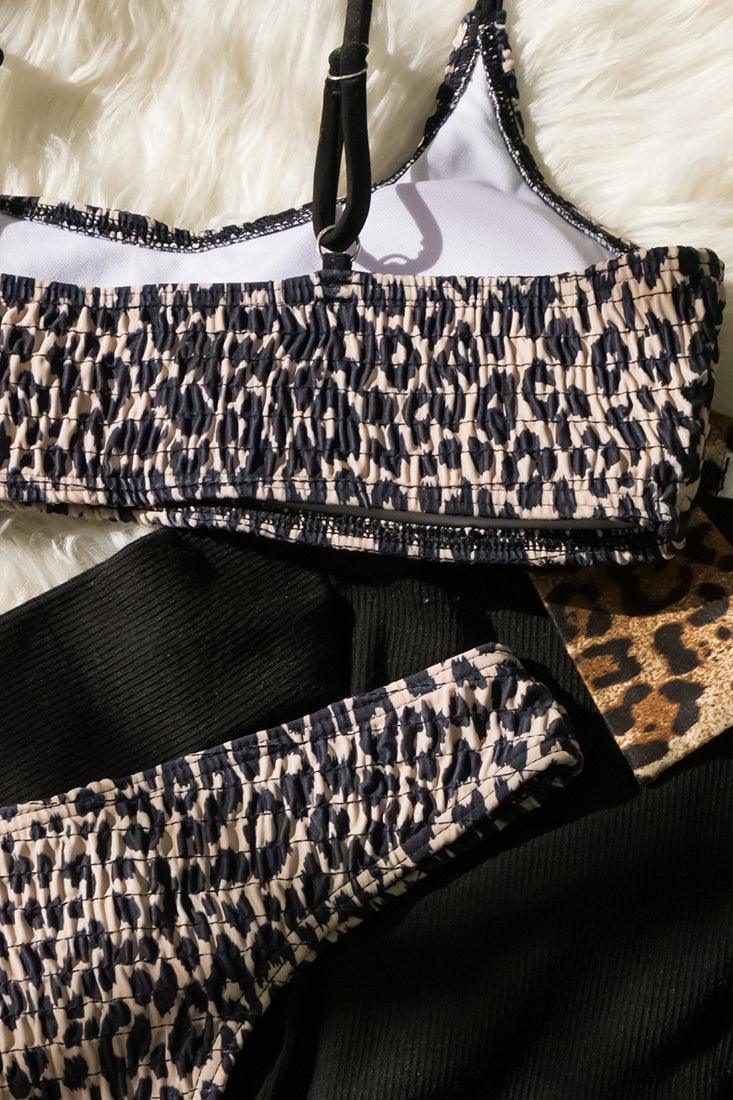 Black Beige Leopard Shirred Cheeky 2 Pc Swimsuit Set BikinI - AMIClubwear