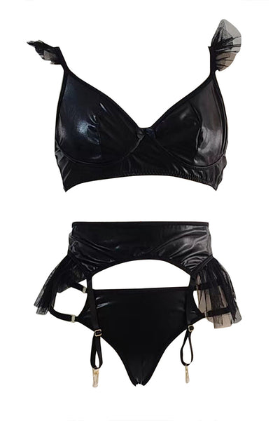 Black Faux Leather Ruffle Tulle 3pc Thong Lingerie Set - AMIClubwear