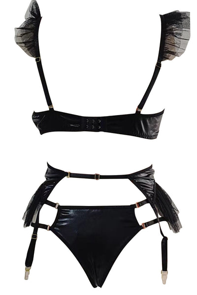 Black Faux Leather Ruffle Tulle 3pc Thong Lingerie Set - AMIClubwear