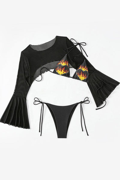 Black Fire Print Long Sleeve Mesh Cover-Up Cheeky 3Pc Swimsuit Set - AMIClubwear